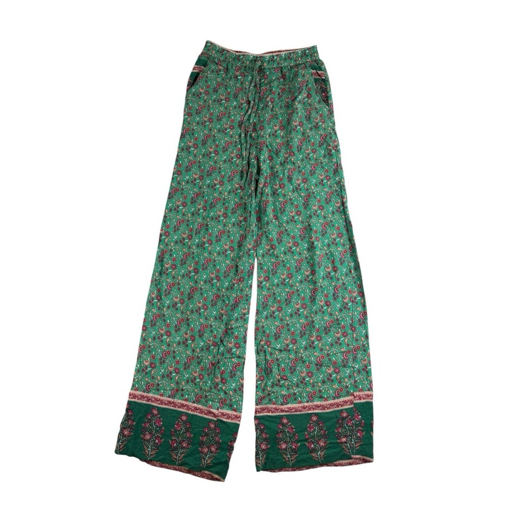 Boho Green Floral Paisley Wide Leg Palazzo Pants 100% Rayon Boho - Picture 2 of 7
